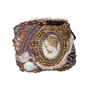 Artisan Bead Embroidery Cuff Bracelet Jewelry Gem Cameo Focal OOAK